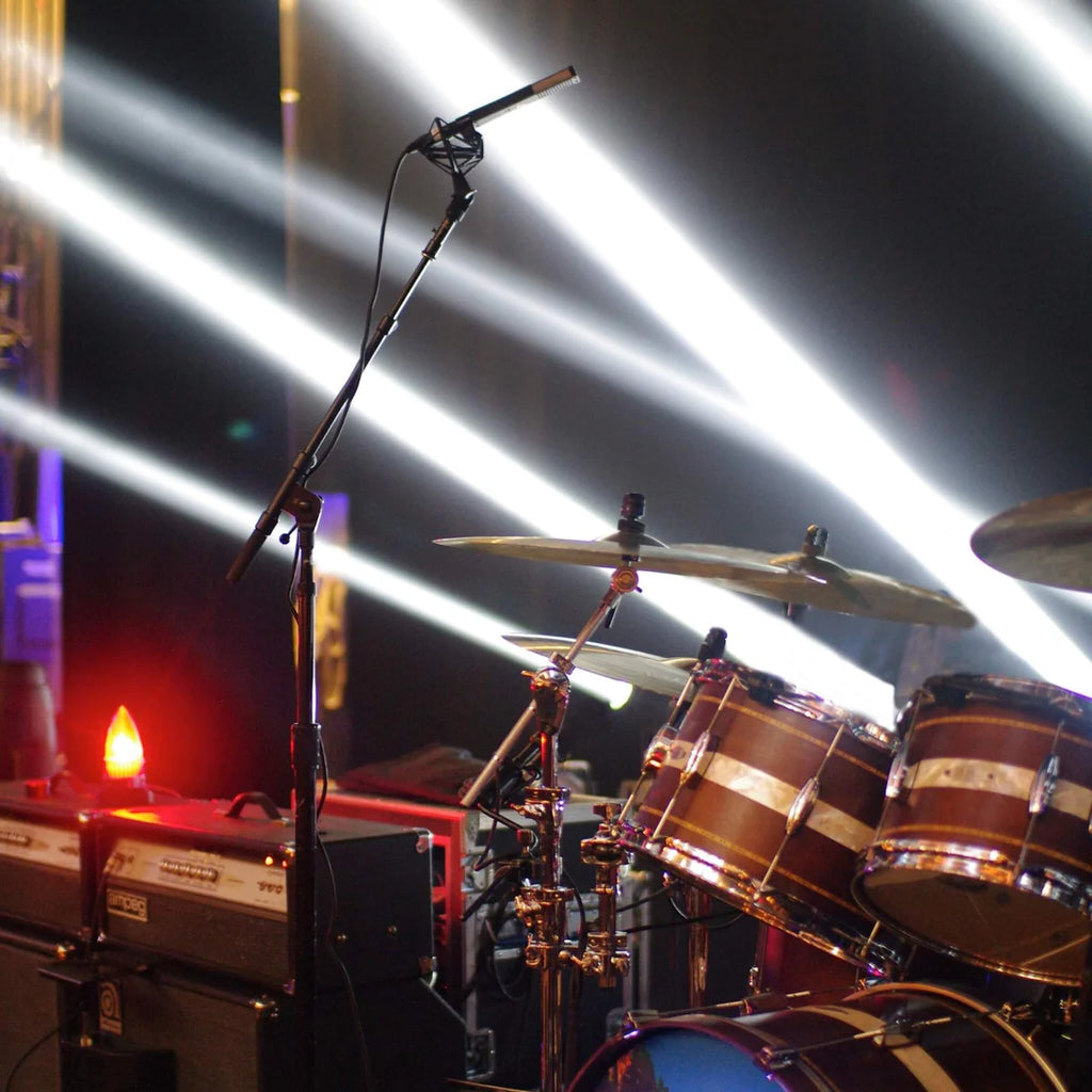 SE Electronics VR2 dynamic microphone in use on a drum kit, capturing powerful sound for professional audio recording.