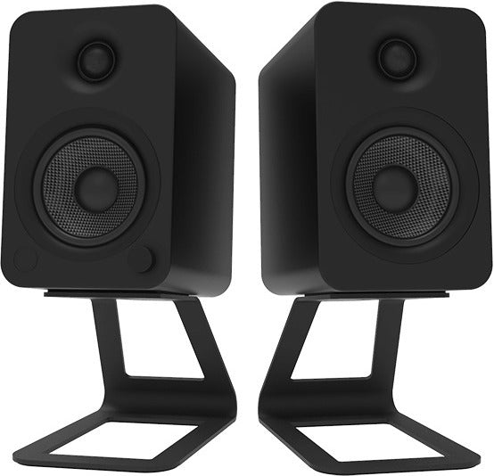 Kanto Audio SE4 speaker stands shown from the back, featuring adjustable height and sturdy construction for supporting audio speakers.