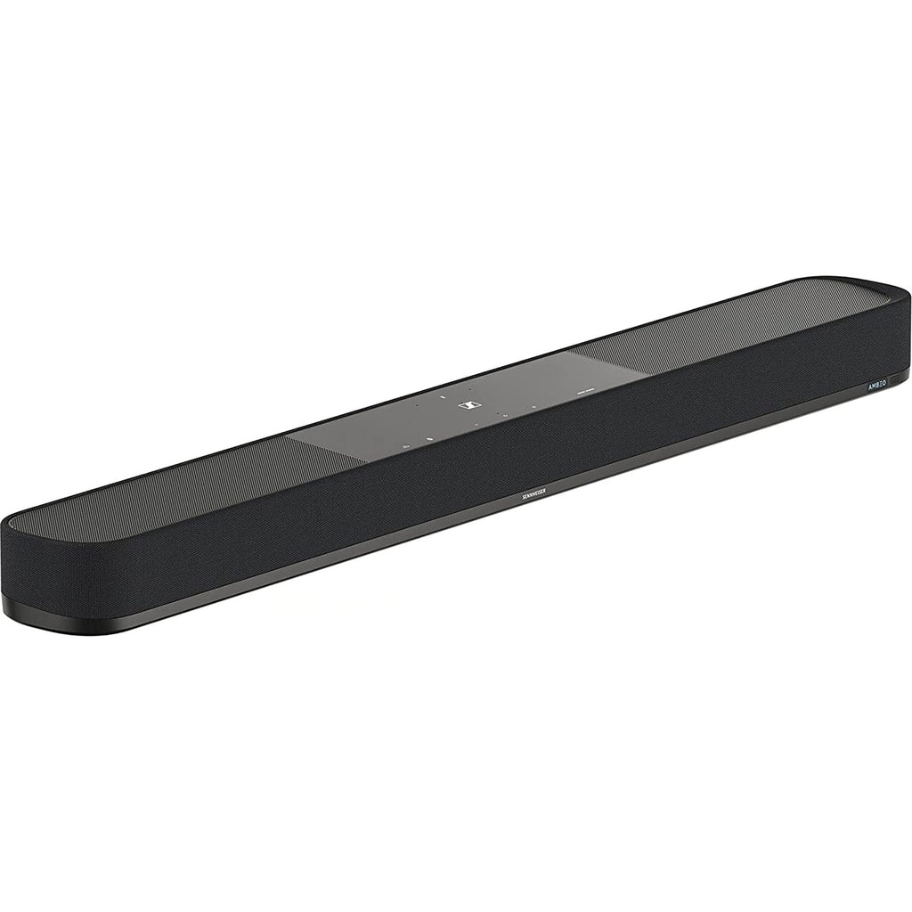 Sennheiser Ambeo Soundbar Plus with sleek black design and multiple speaker drivers for immersive TV audio.