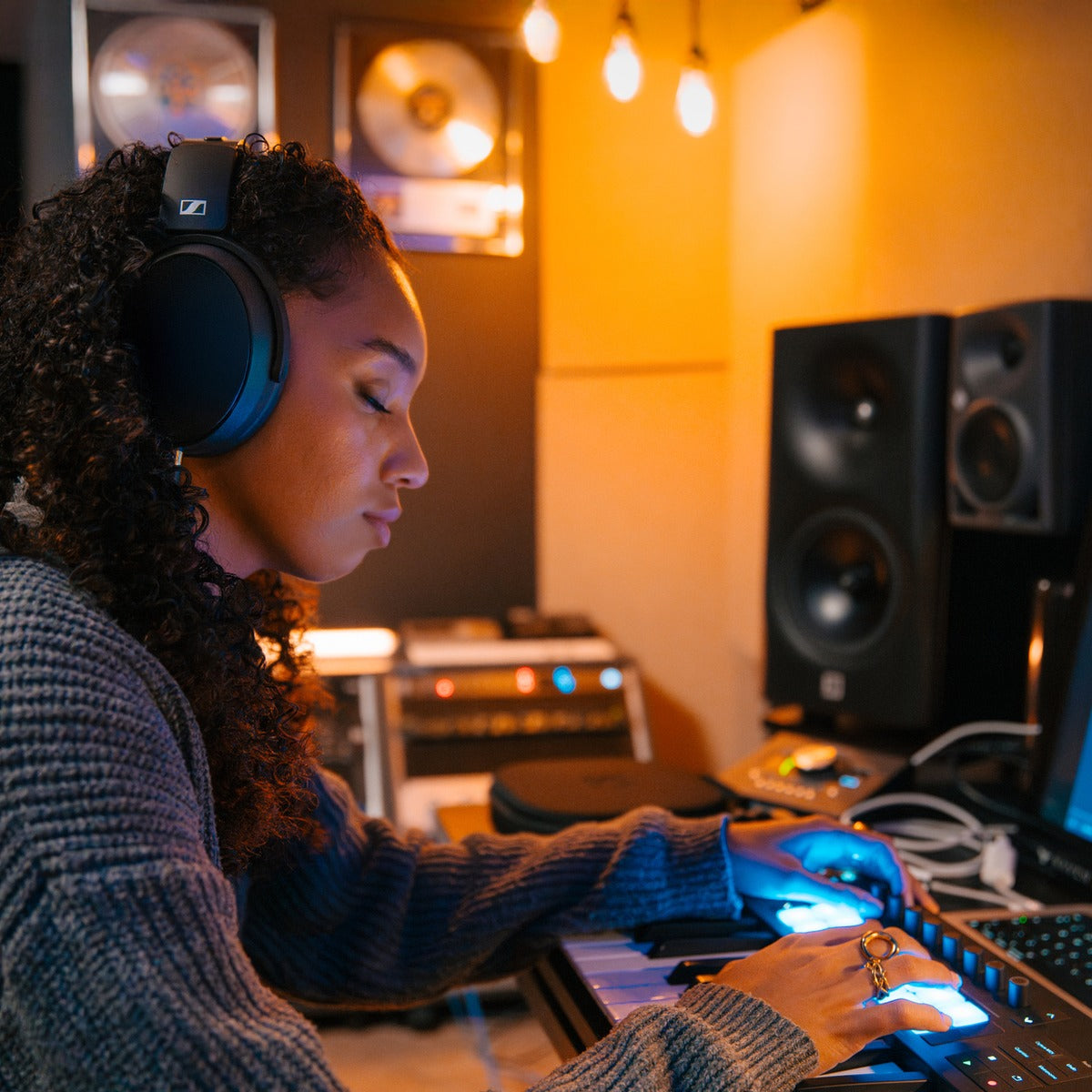 Sennheiser HD 480 Pro studio headphones worn by a user, showcasing over-ear design and high-quality audio performance.