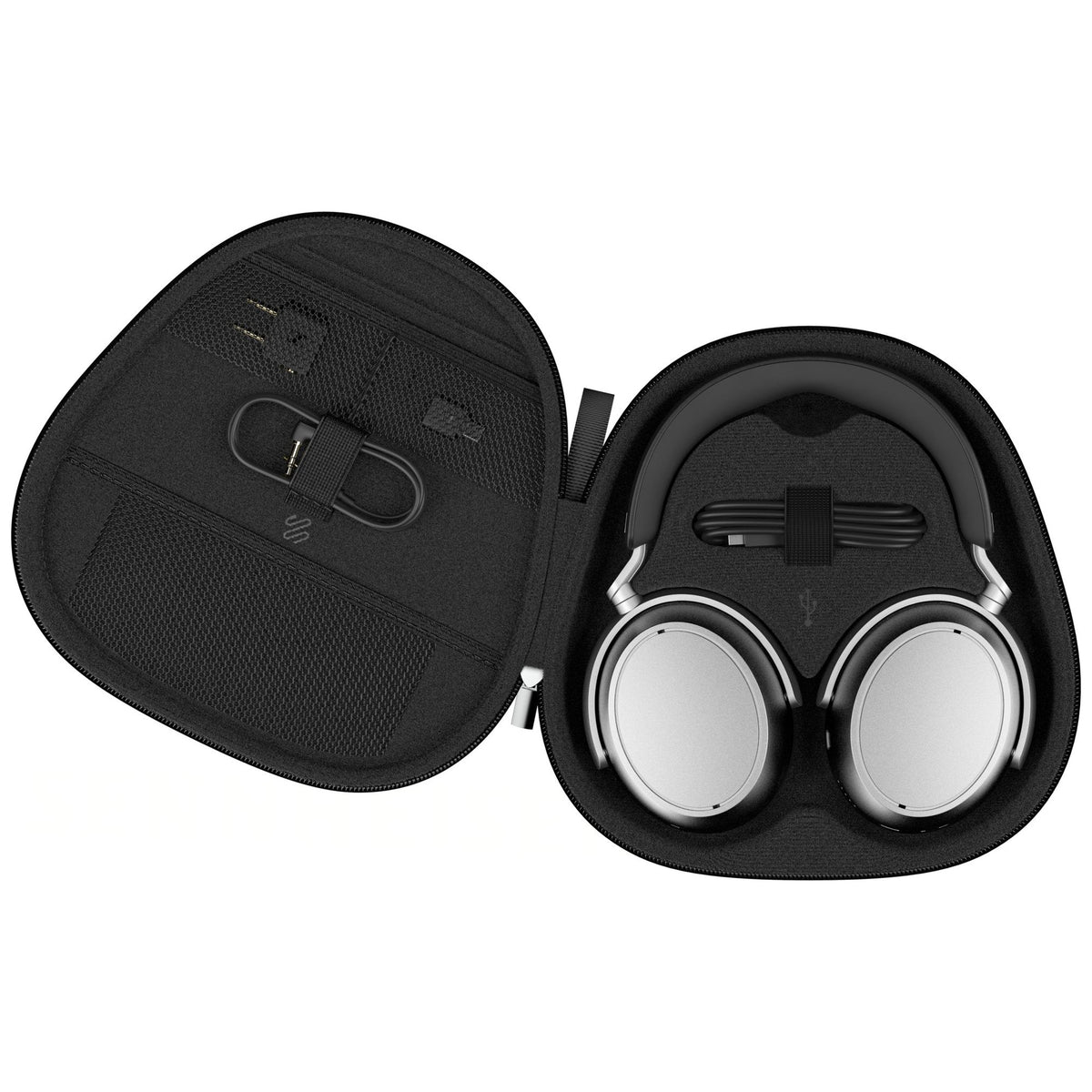 Sennheiser HDB 630 in Lunar Silver folded in the open carry case with BTD 700 dongle