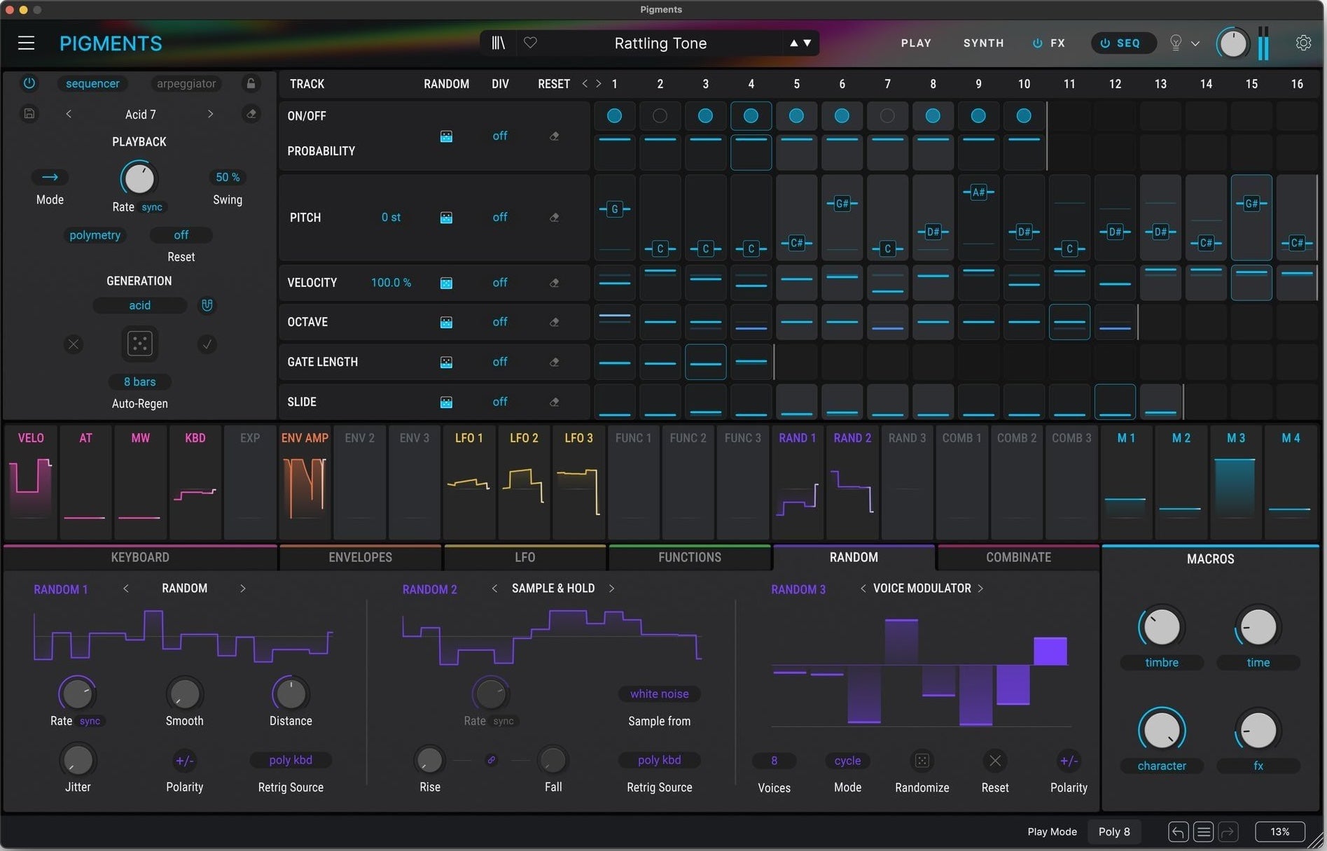 Arturia Pigments 6 music production software sequencer view showing colorful interface with knobs and waveform displays.