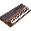 Sequential Prophet-10 synthesizer with vintage-style control panel and dual keyboard, showcasing its classic design and multiple audio outputs.