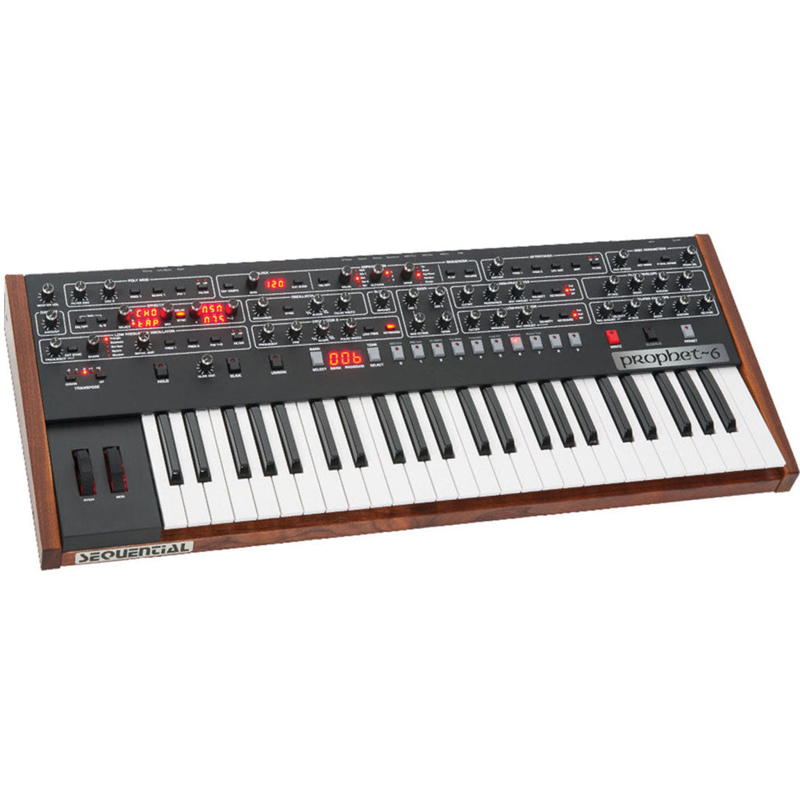 Sequential Prophet-6 synthesizer with knobs, switches, and keyboard, showcasing its professional-grade design and controls.