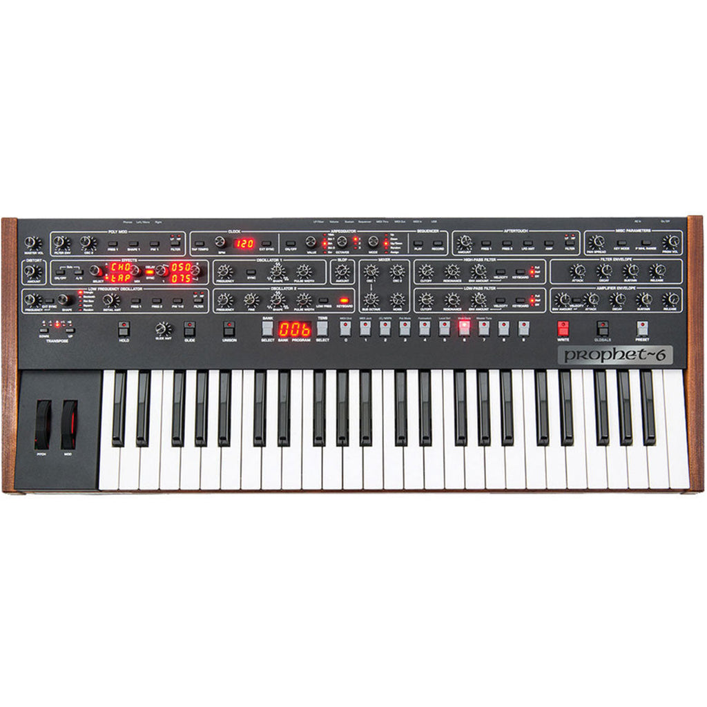 Sequential Prophet-6 synthesizer with classic control knobs and keyboard, featuring vintage-inspired design and advanced sound options.