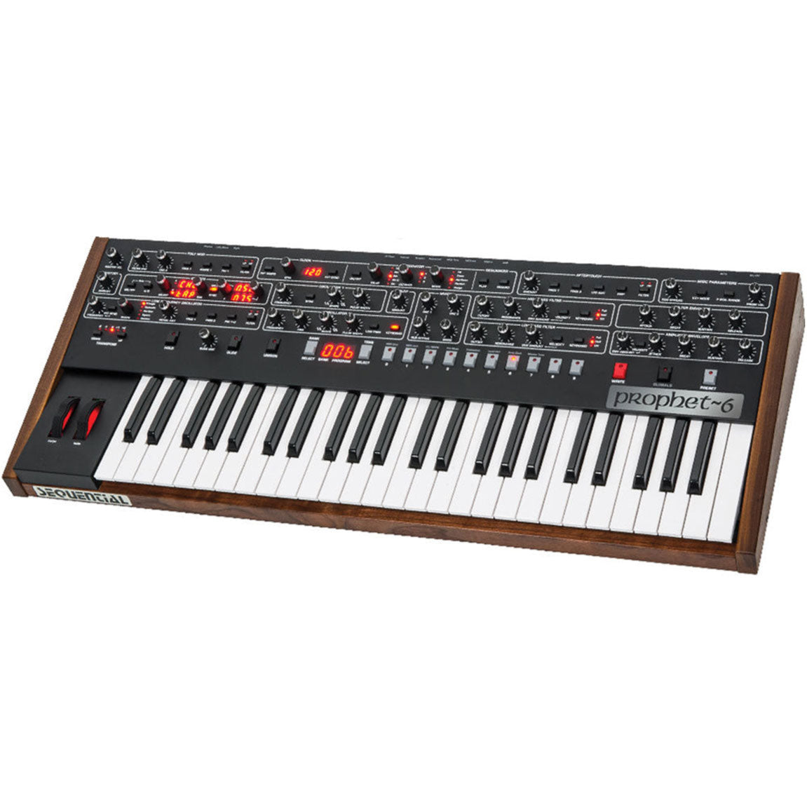Sequential Prophet-6 synthesizer with vintage-style control panel and keyboard, featuring multiple knobs and patch points.