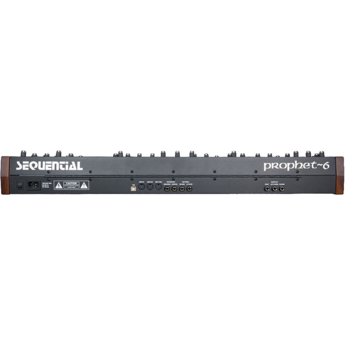 Sequential Prophet-6 synthesizer with multiple knobs and keys, showcasing its professional analog sound hardware.
