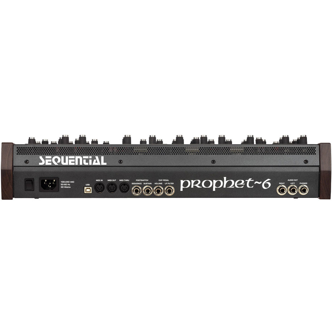 Sequential Prophet-6 Desktop synthesizer shown with its front panel, featuring knobs and controls on a sleek black surface.