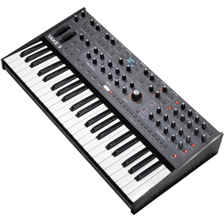 Sequential Take 5 synthesizer module with colorful control interface and knobs, showcasing its compact design and professional features.