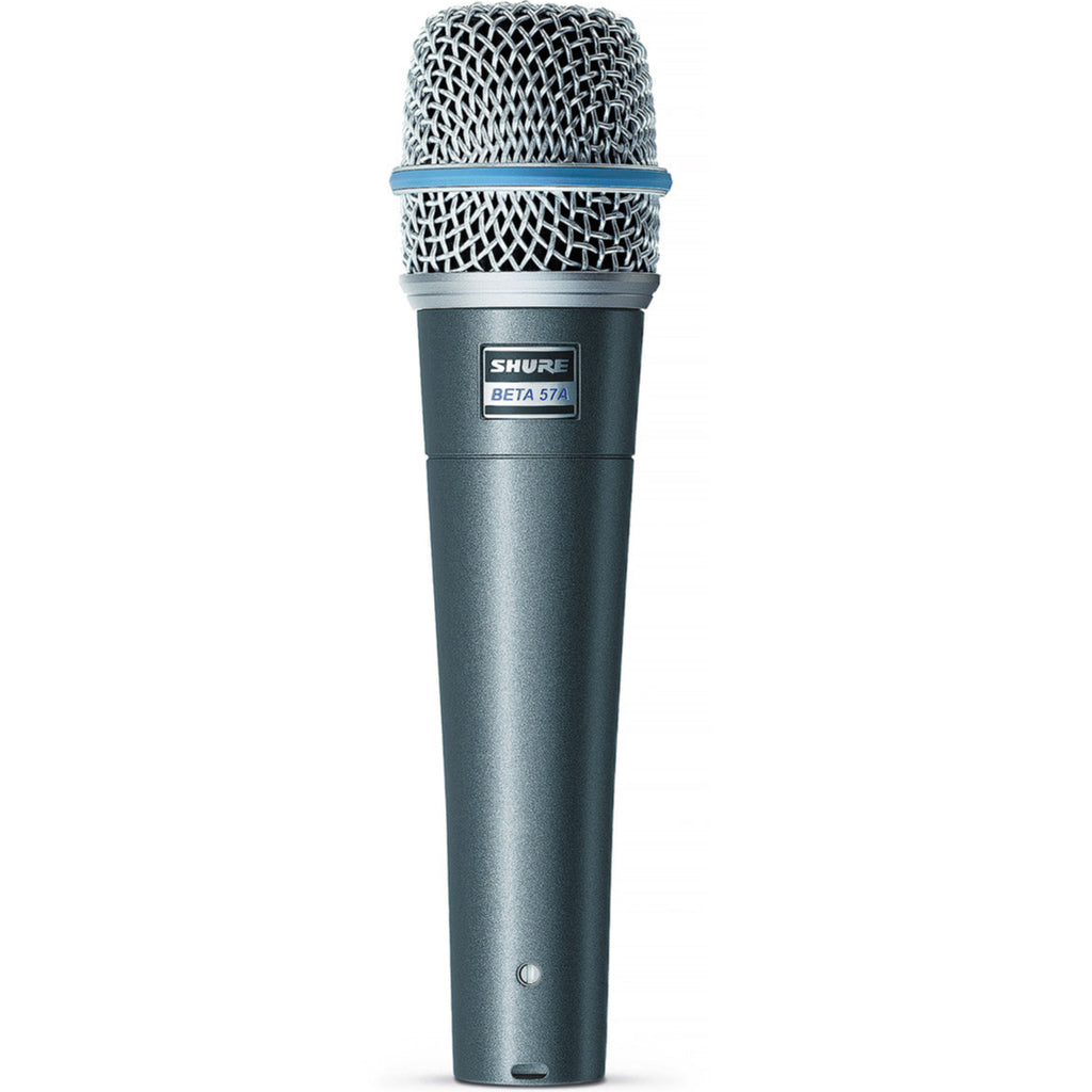 Shure Beta 57A dynamic microphone with a metal grille and black body, designed for professional vocals and instrument amplification.