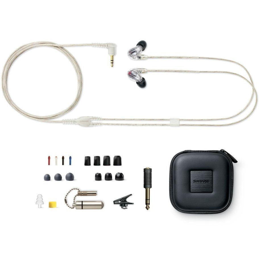 Shure SE846 Gen 2 wired in-ear headphones with clear ear tips and detachable cables, featuring a sleek black design.
