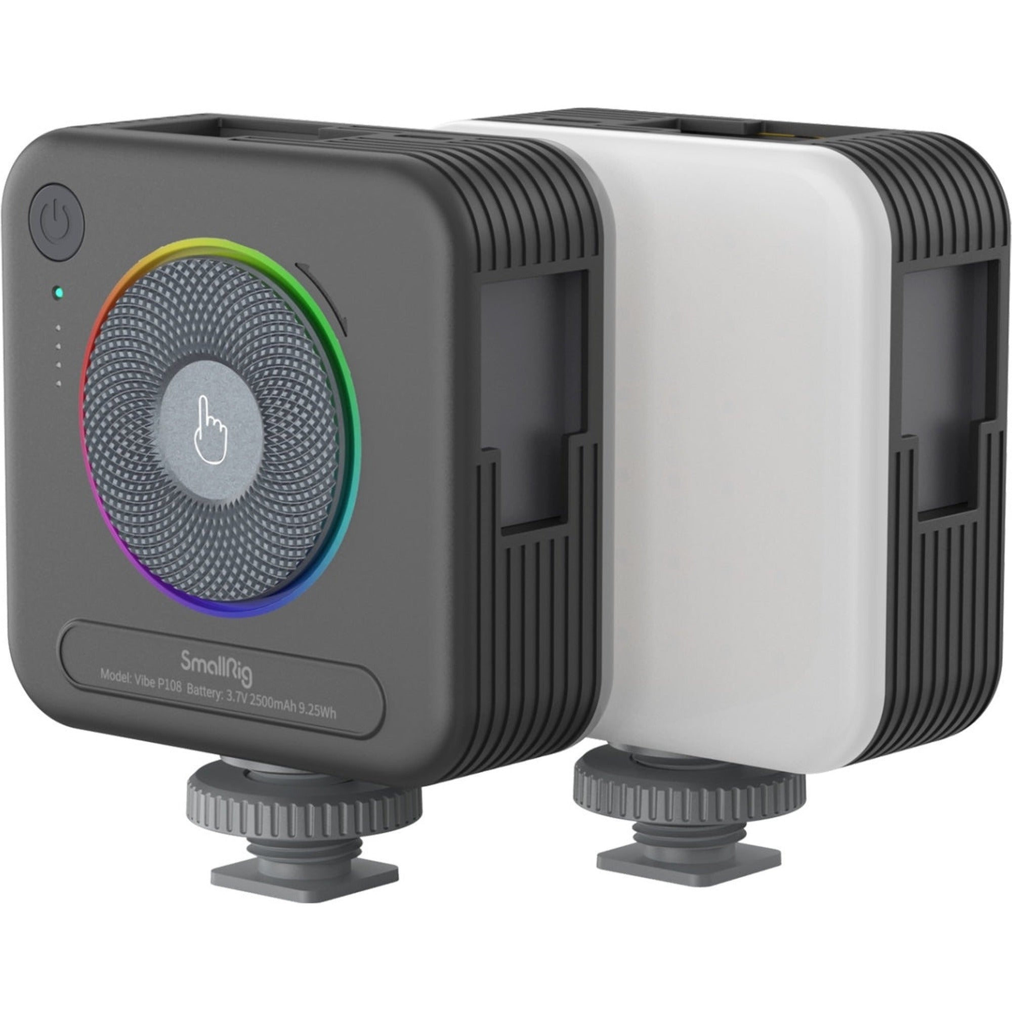 SmallRig Vibe P108 RGB video light displaying colorful adjustable lighting on a film set.