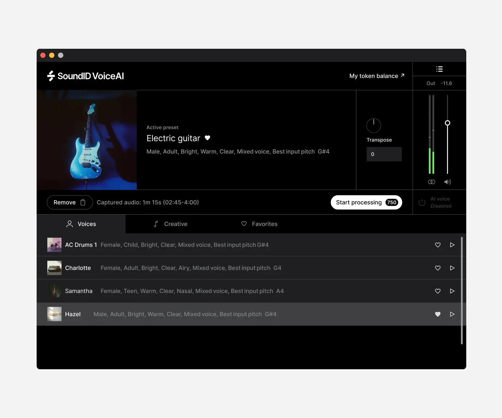 Sonarworks SoundID VoiceAI music production software interface with customizable voice processing features.