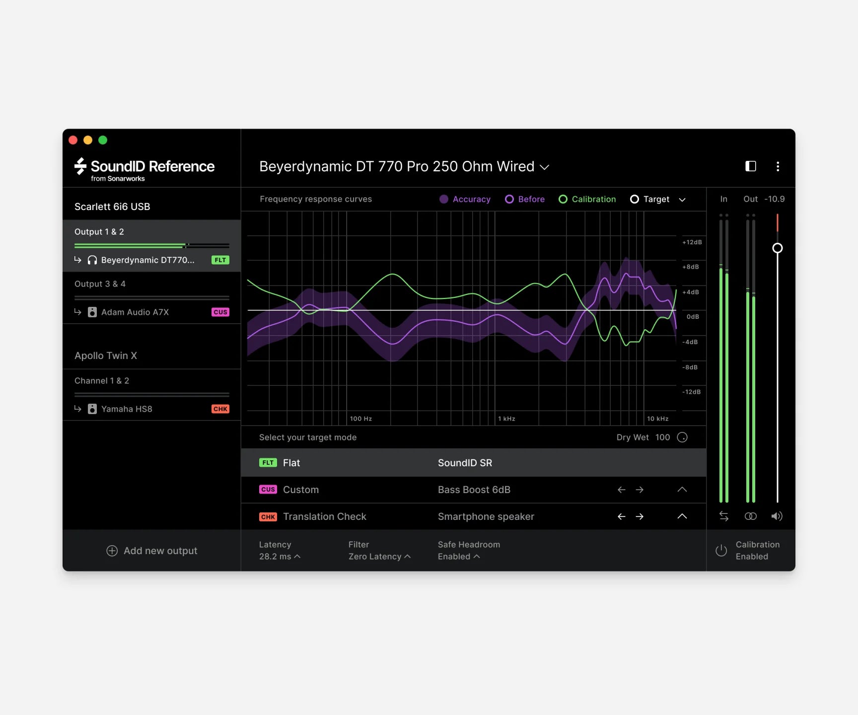 Dark mode Sonarworks SoundID Reference music production software interface displayed on speakers and headphones for sound calibration.