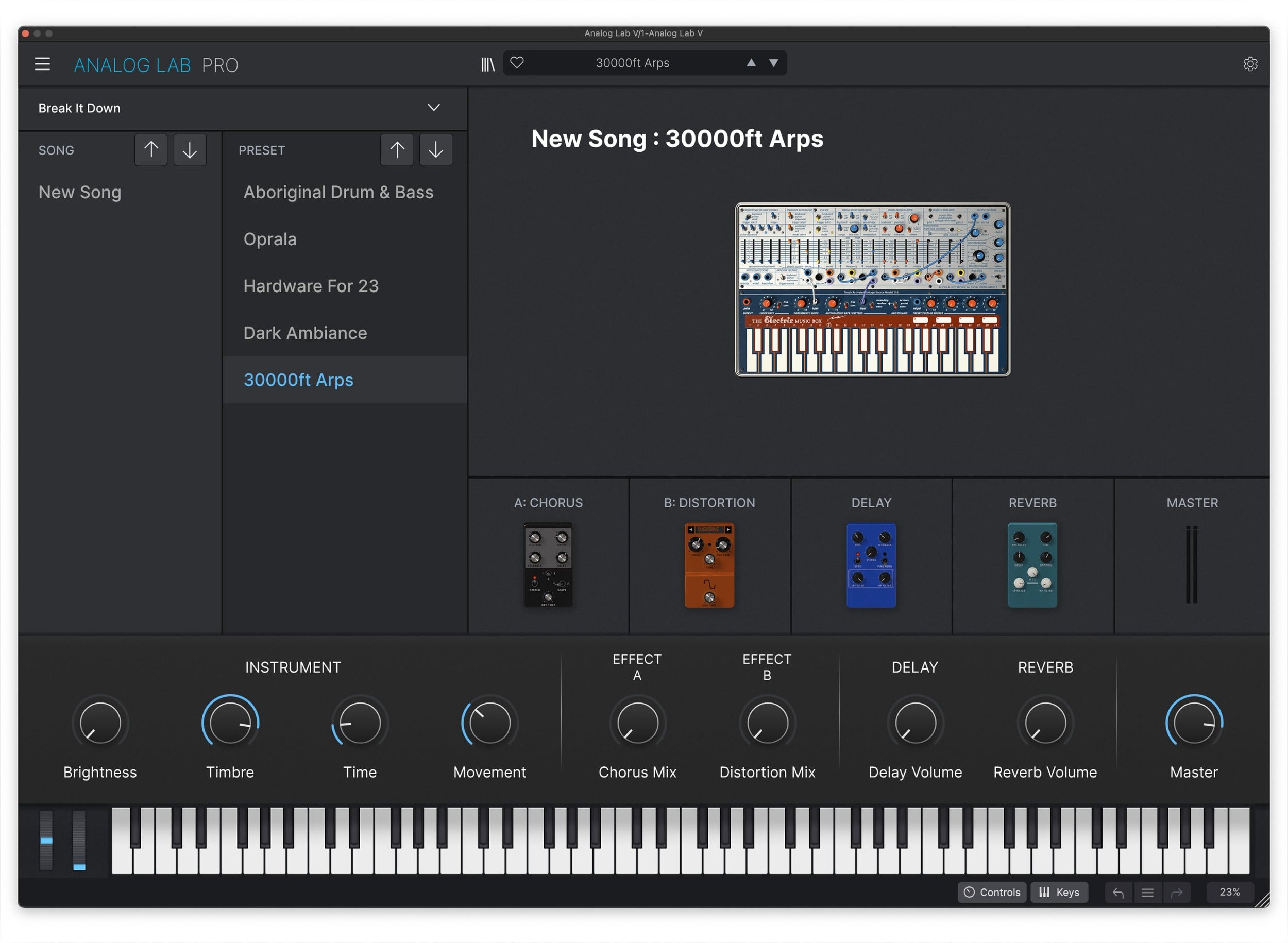 Arturia Analog Lab Pro music production software displayed on a computer screen with a professional studio stage background.