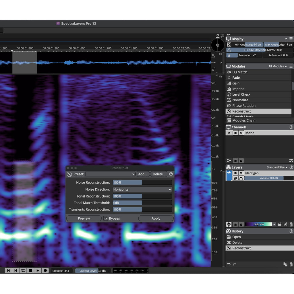 Steinberg SpectraLayers Elements 13 interface showing detailed spectral waveform editing.