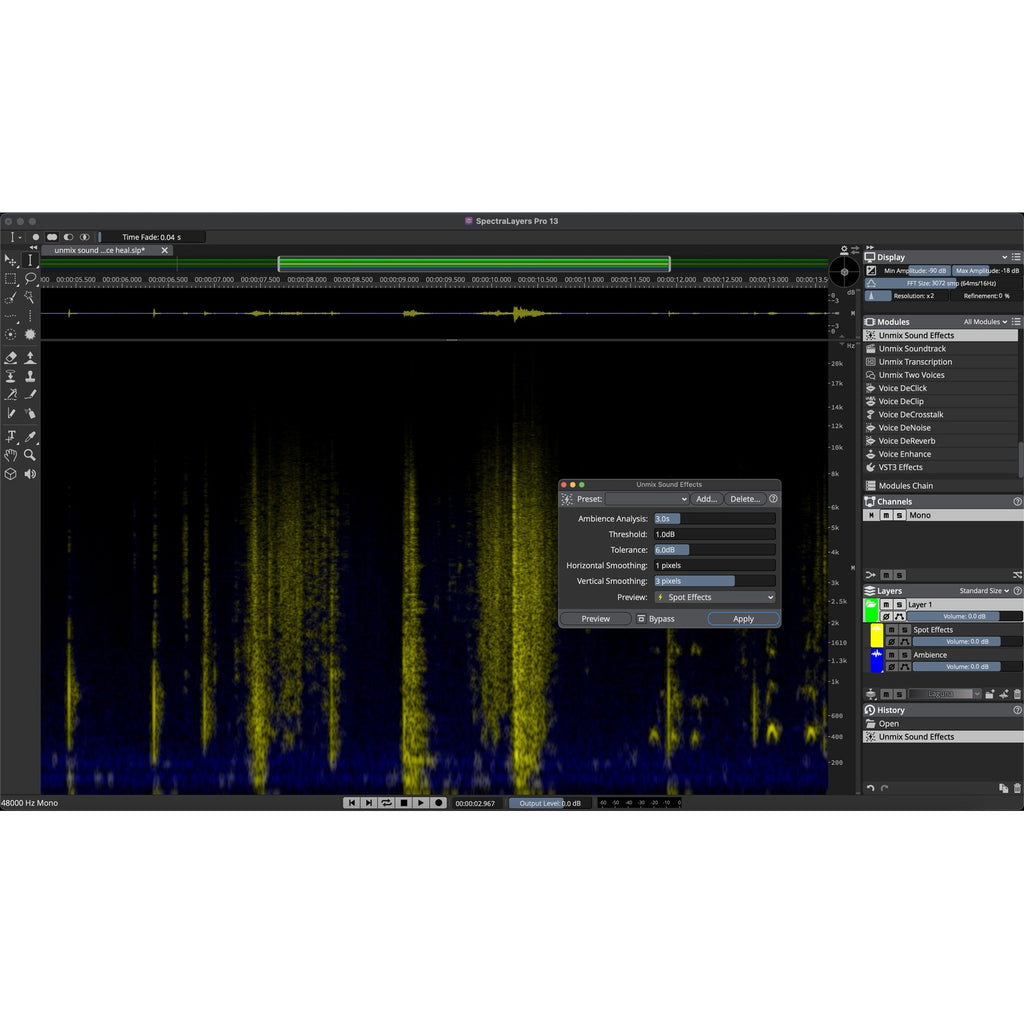 Steinberg SpectraLayers Elements 13 spectrogram view showing spectral audio editing tools.