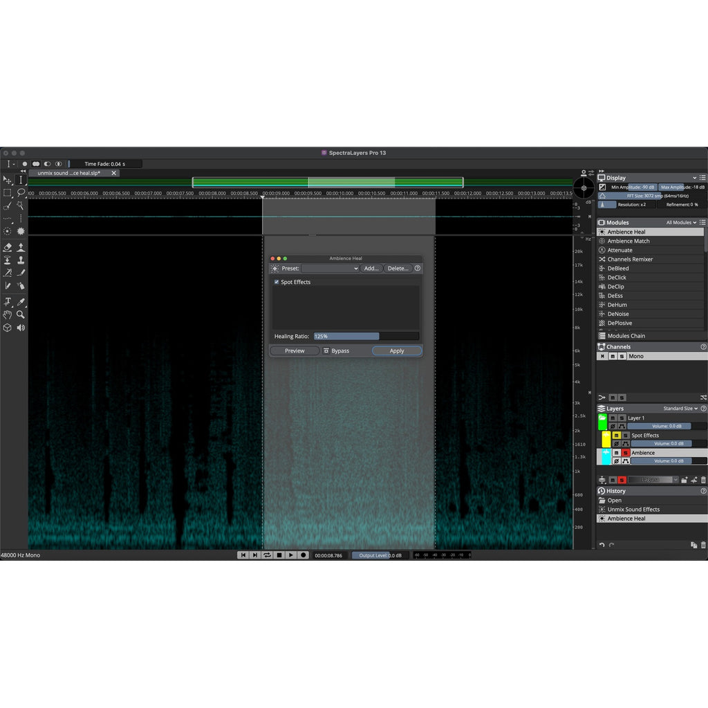 Steinberg SpectraLayers Pro 13 Ambience Heal module restoring spectral gaps after sound removal.