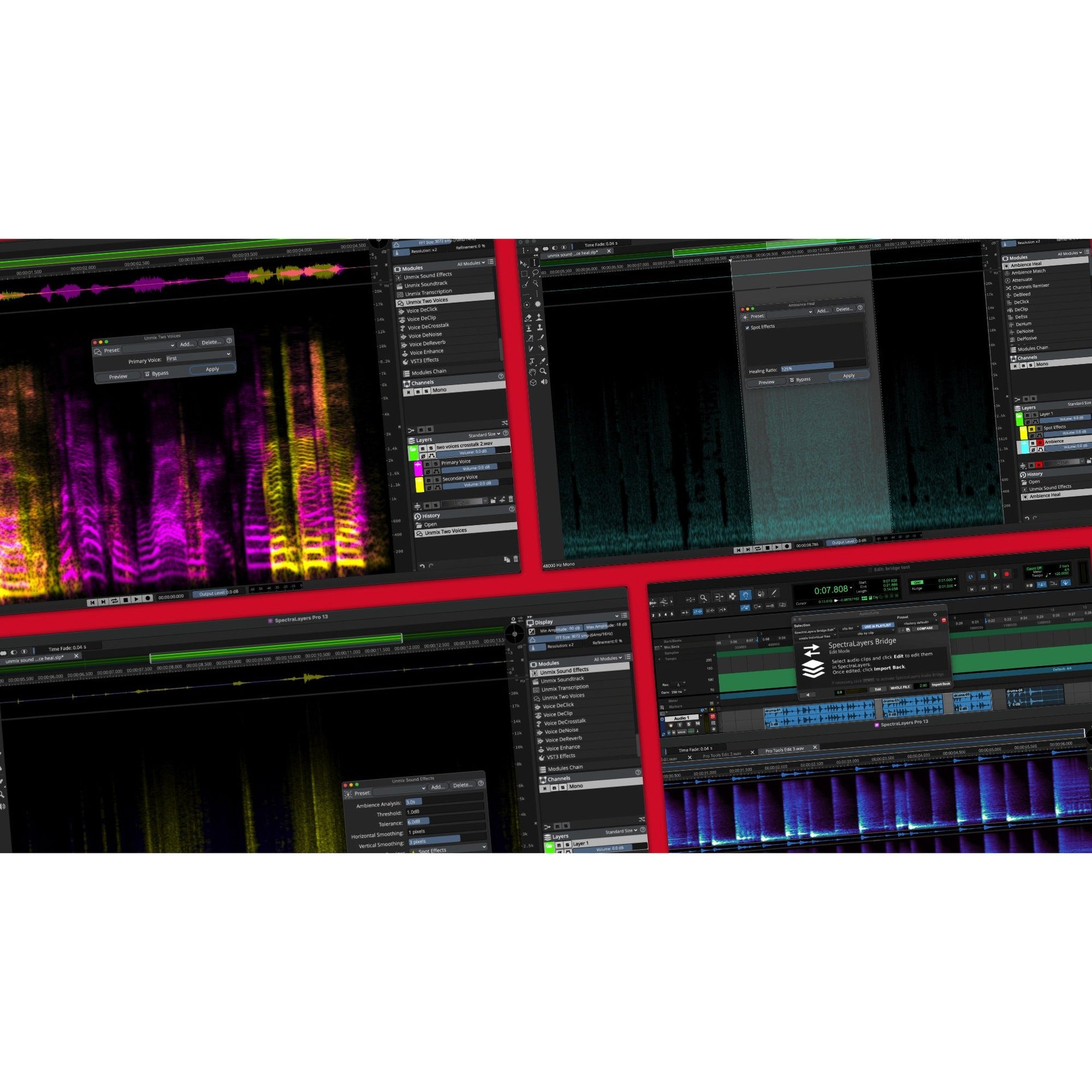 Steinberg SpectraLayers Pro 13 Education spectral audio editor interface collage showing unmixing tools.