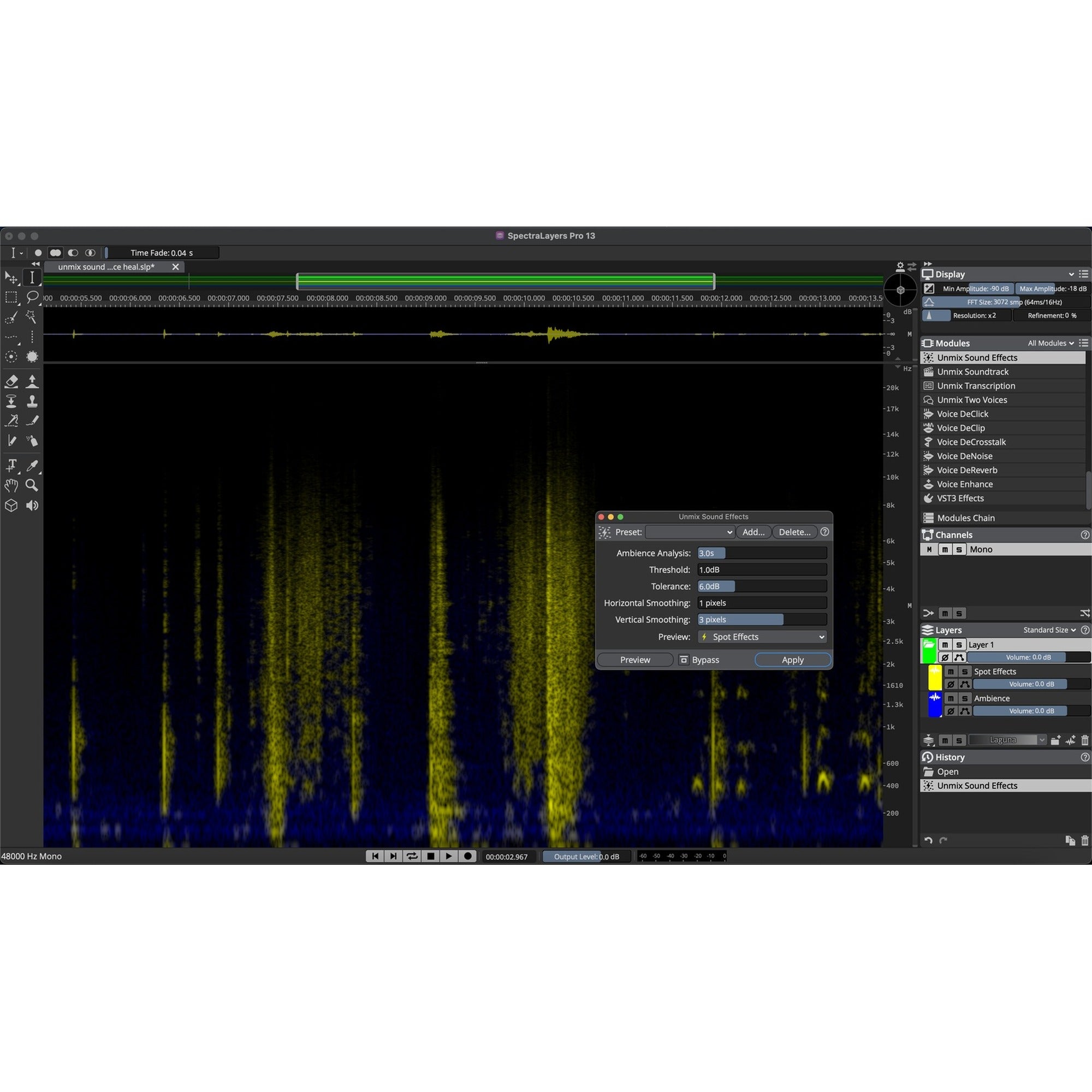 Steinberg SpectraLayers Pro 13 Unmix Sound Effects module isolating sounds from background ambience.