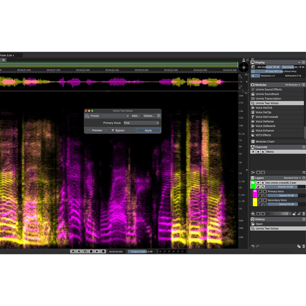 Steinberg SpectraLayers Pro 13 Unmix Two Voices module separating overlapping speakers on a spectrogram.