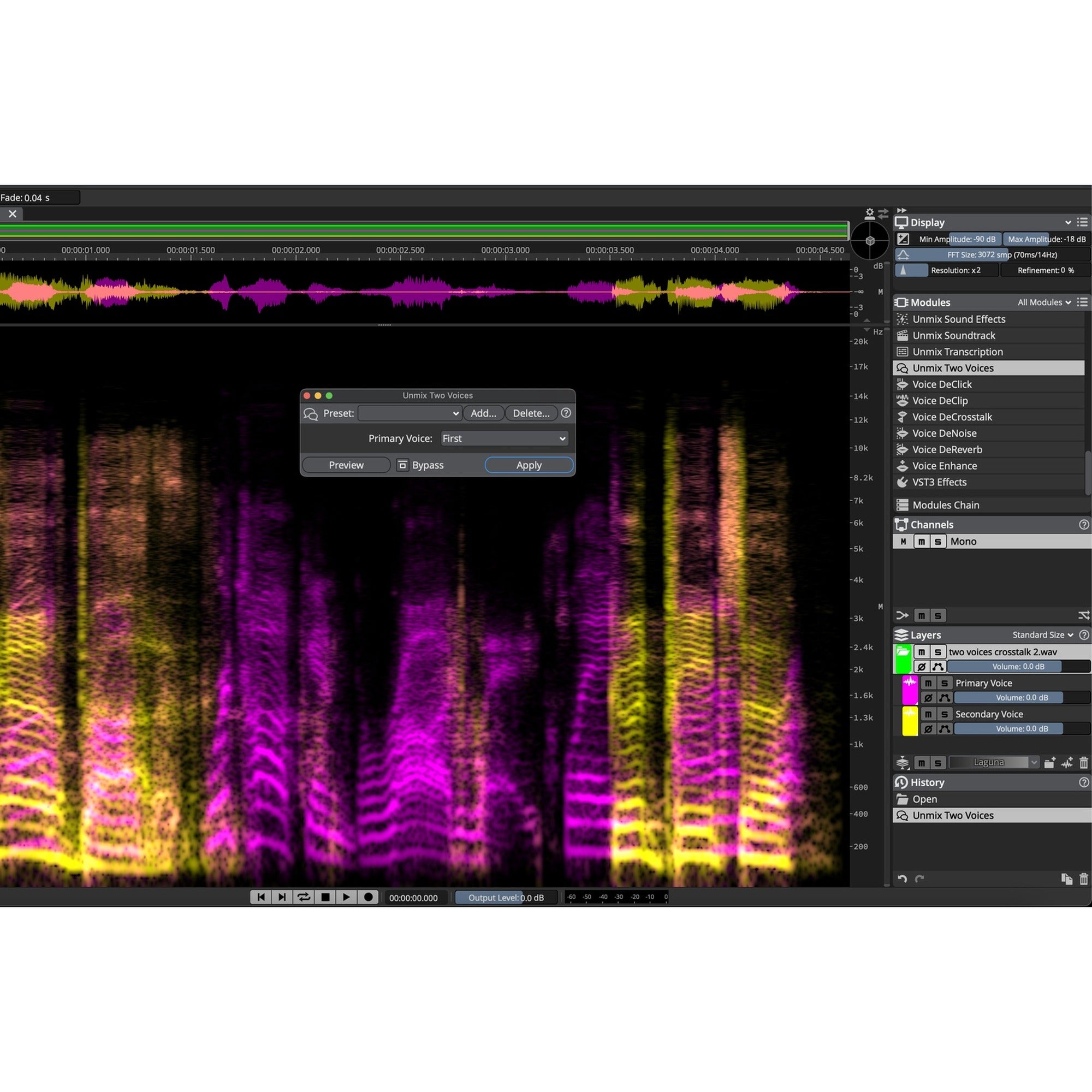Steinberg SpectraLayers Pro 13 Unmix Two Voices module separating overlapping speakers on a spectrogram.