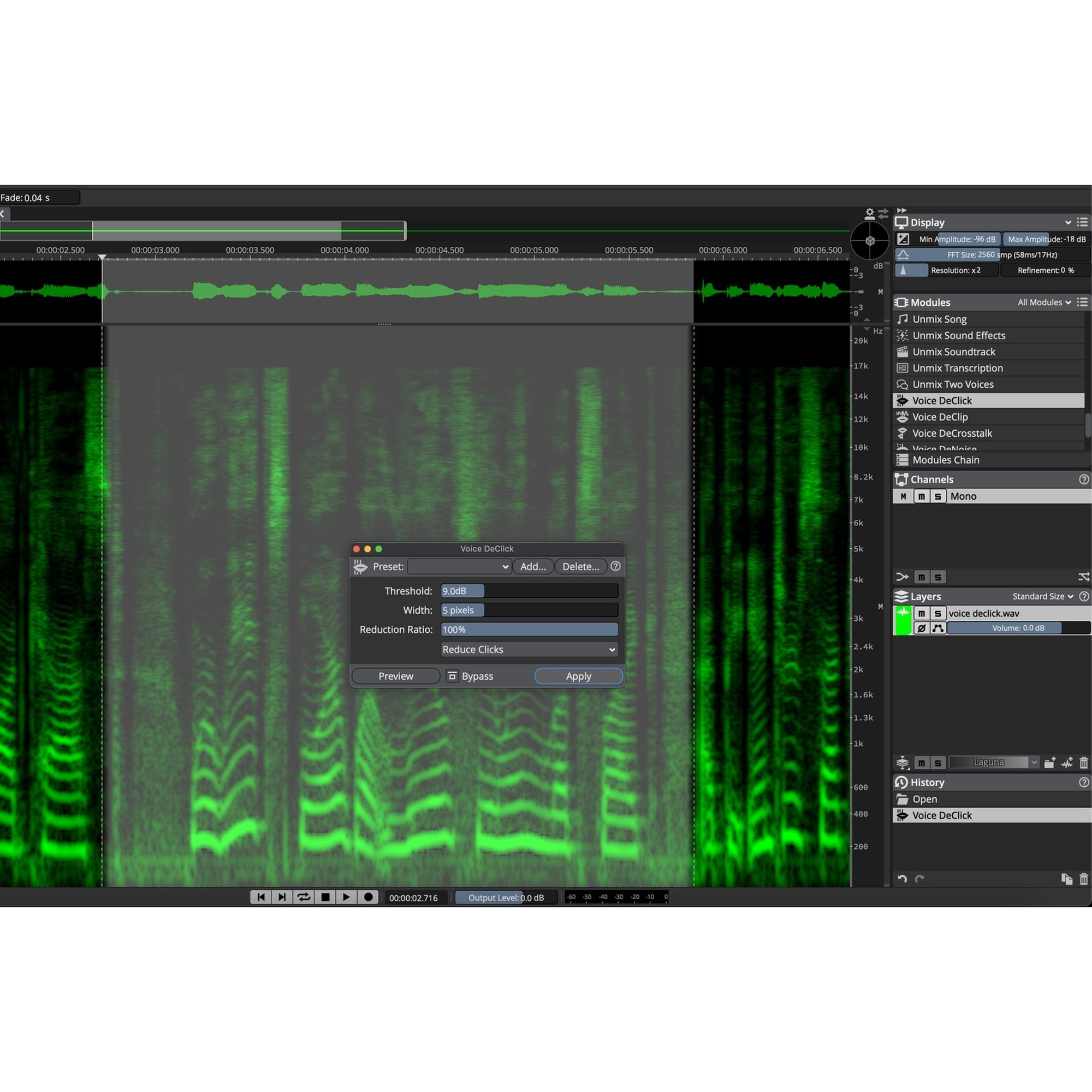 Steinberg SpectraLayers Pro 13 Voice DeClick module removing mouth noise from a vocal recording.