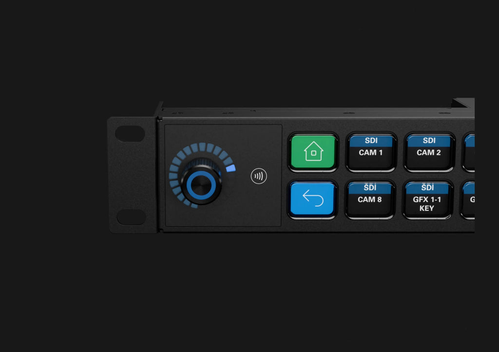 Close-up of the Elgato Stream Deck Studio video editing controller with customizable buttons and a large LCD screen.