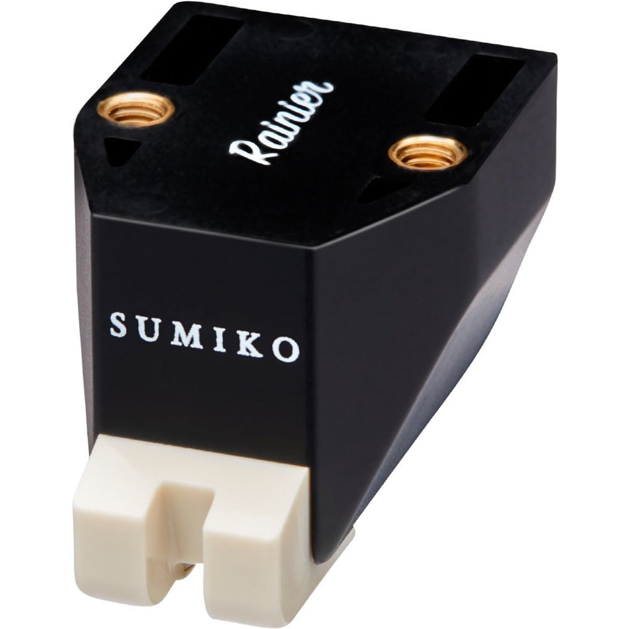 Sumiko Rainier MM phono cartridge mounted on a turntable, showcasing its stylus and sleek design for high-quality vinyl playback.