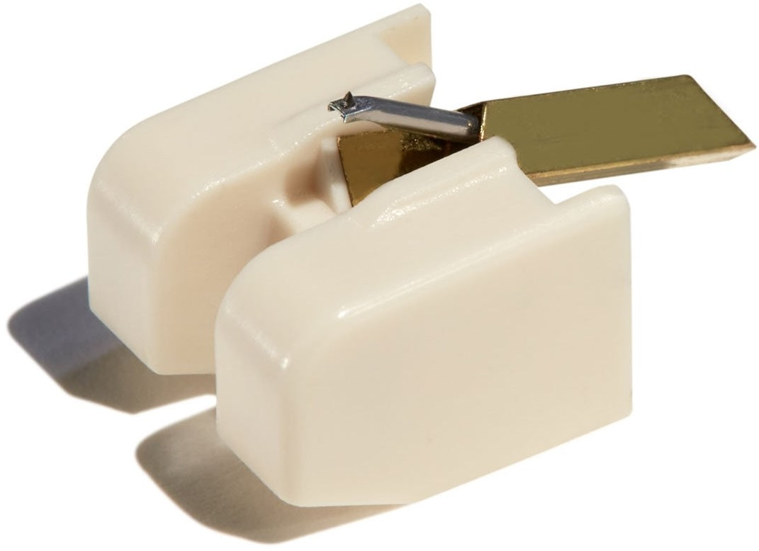 Sumiko Rainier MM phono cartridge with elliptical stylus for turntables, showcasing the cartridge and stylus in a close-up image.