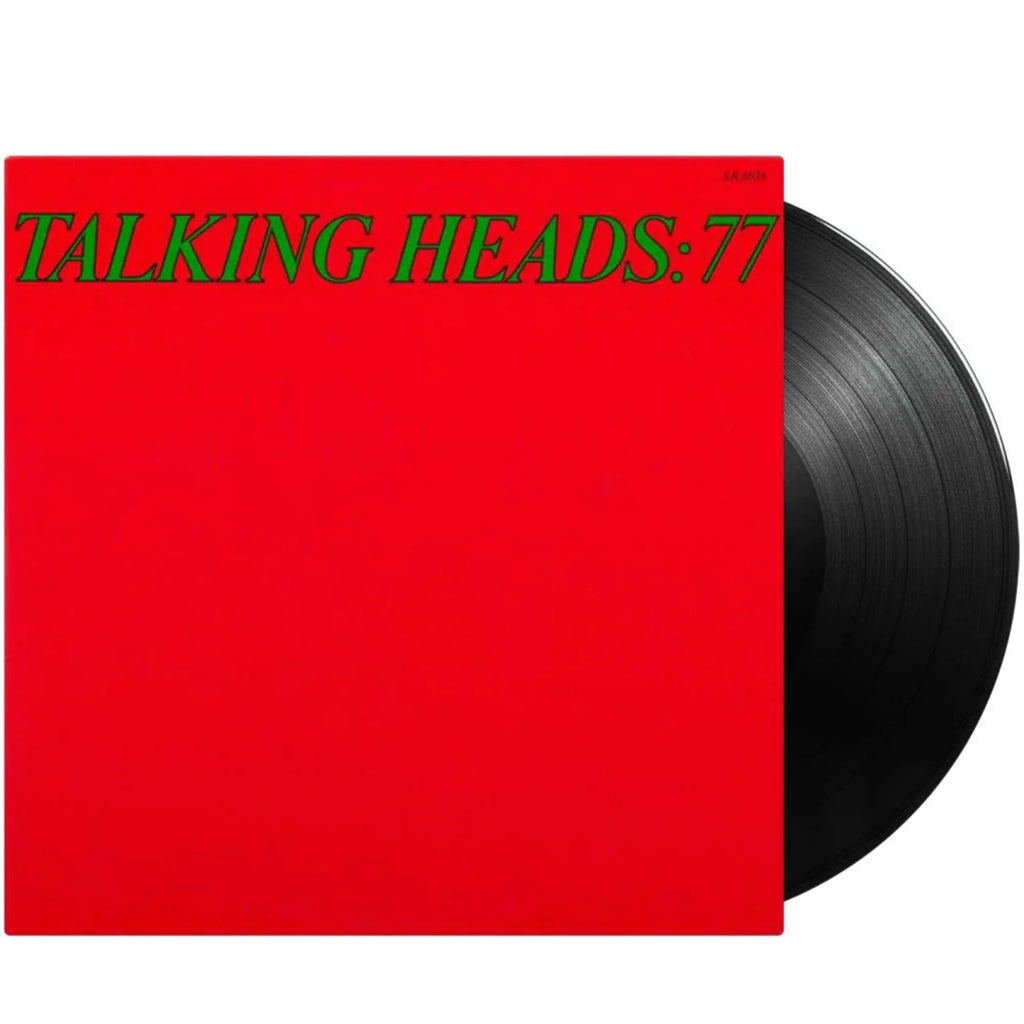 Black vinyl LP of Talking Heads: 77 by Talking Heads, featuring a classic album cover, from Rhino Records.