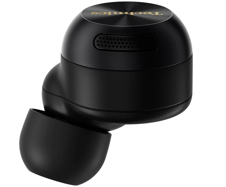 Technics EAH-AZ100 true wireless earbuds, in black, side view