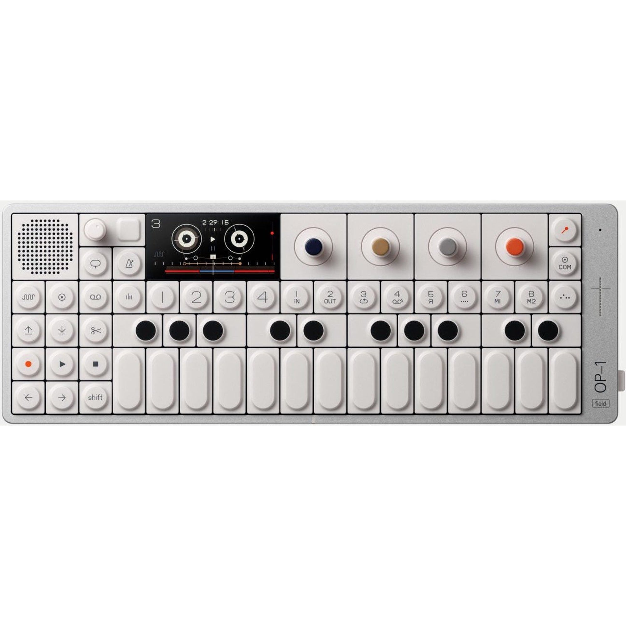 Teenage Engineering OP-1 Field synthesizer with colorful control panel and compact design, ideal for portable music production.