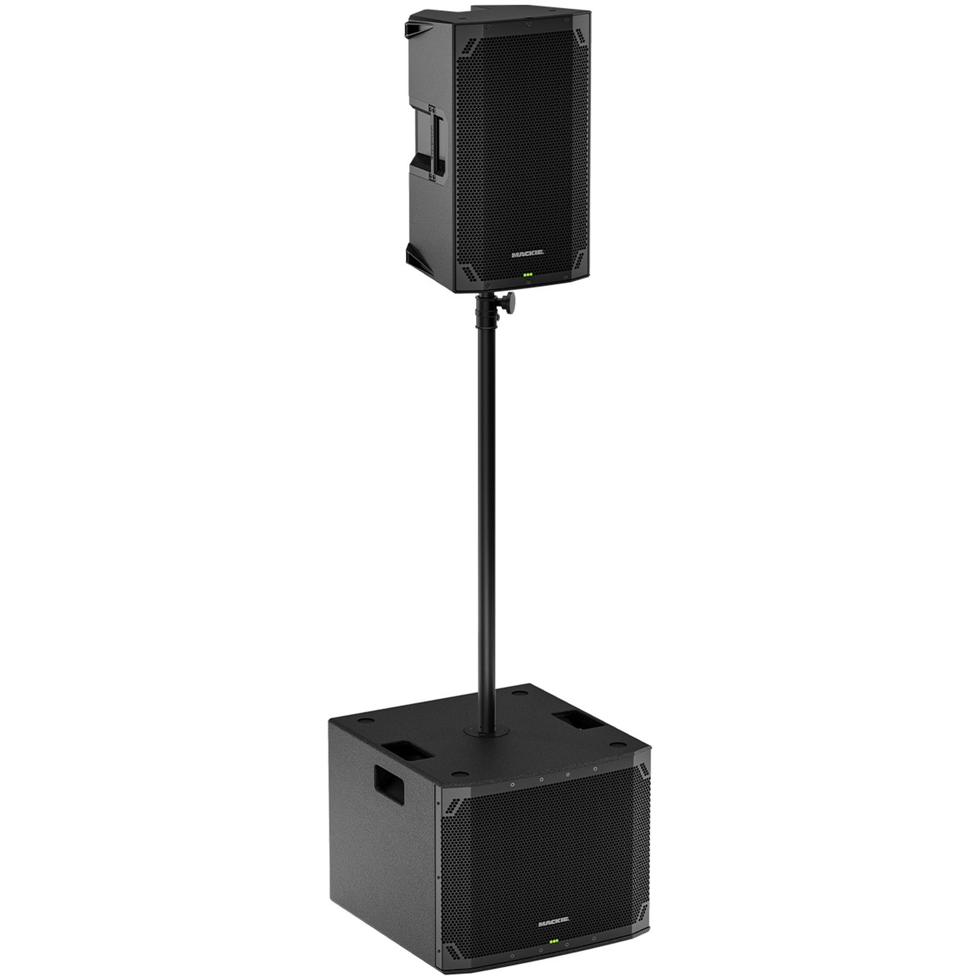 Stacked Mackie Thump12v4 active loudspeakers showing their durable black enclosure and front speaker grills.