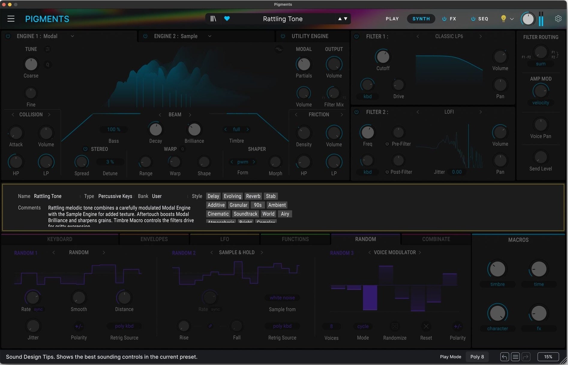 Arturia Pigments 6 music production software interface showing colorful waveforms and sound modulation controls.