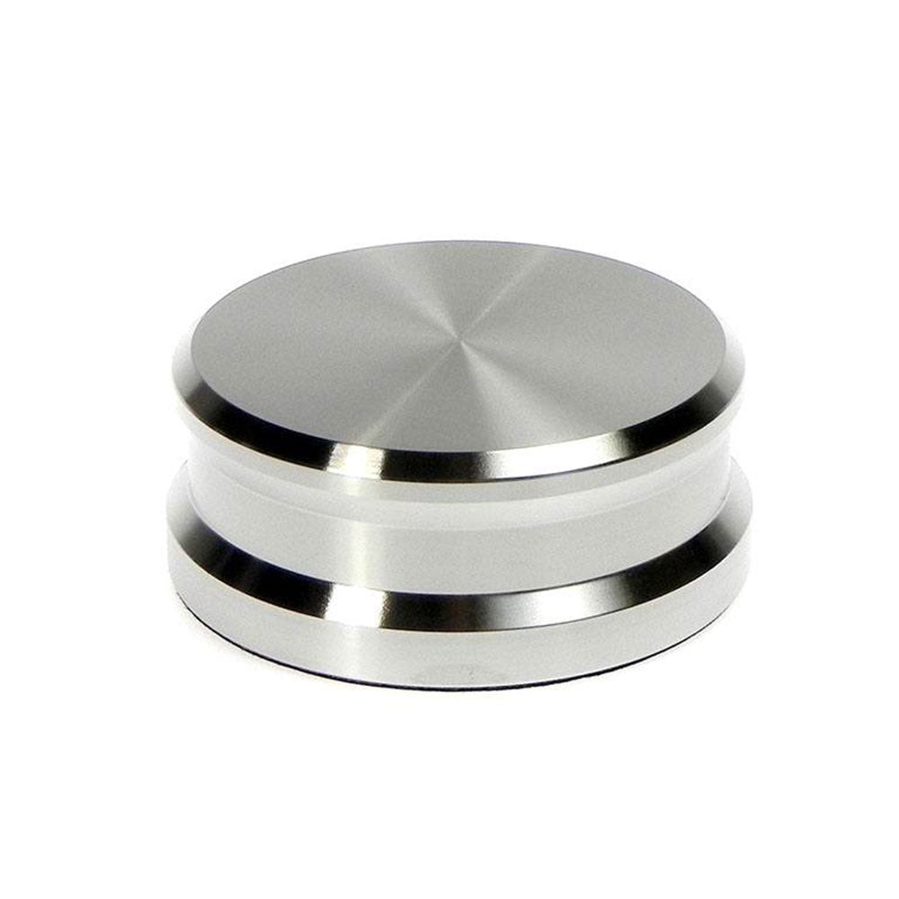 Silver Tonar record weight stabilizer with 45 adapter, designed to improve vinyl record playback stability.