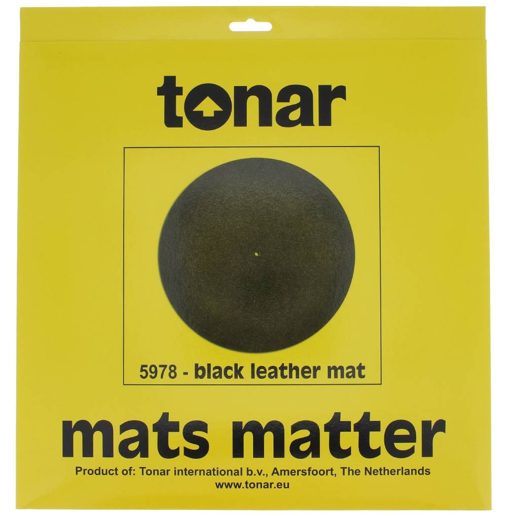Black leather slipmat by Tonar, designed for turntables, featuring a smooth surface and durable construction.