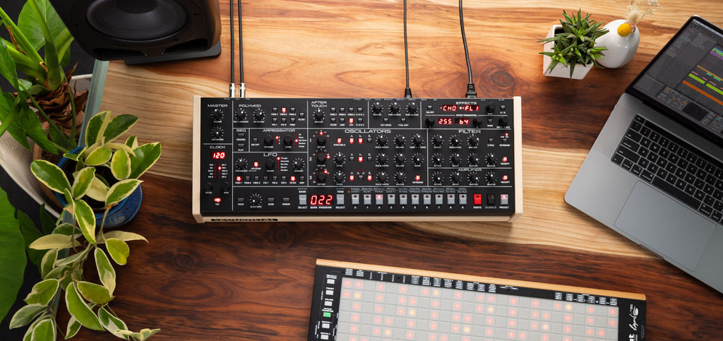 Sequential Trigon-6 Desktop synthesizer with sleek black control panel and various knobs and inputs, designed for music production.