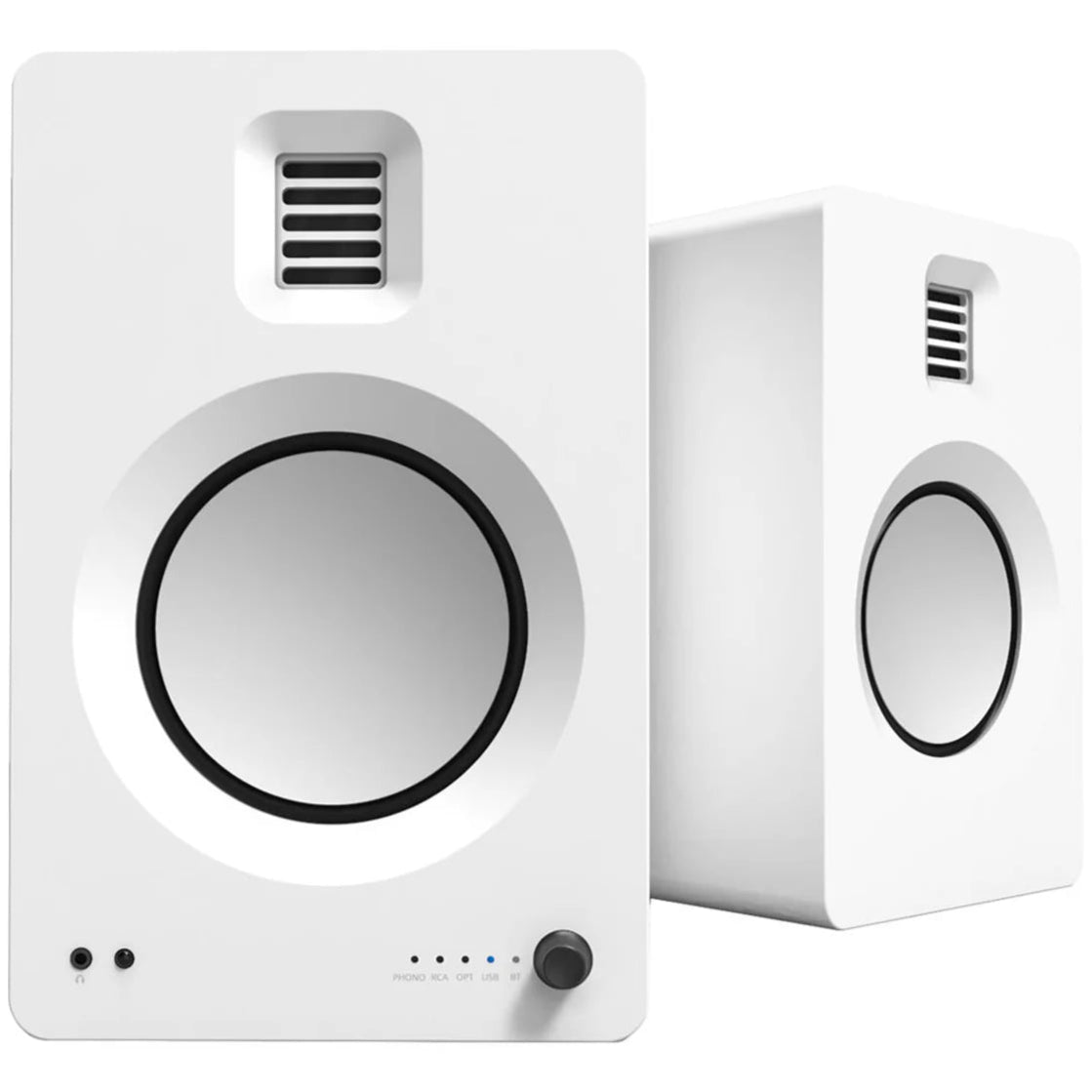 Wireless Kanto Audio TUK speaker in white, showing modern design with fabric grille and sleek controls.