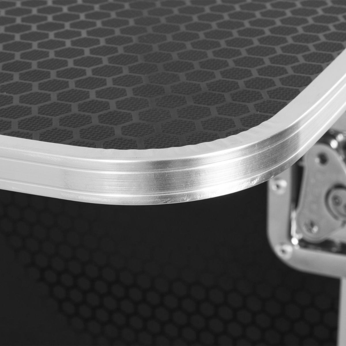 Silver UDG Ultimate Fold Out DJ Table MK2 Plus with wheels, featuring rounded corners and a sturdy design.