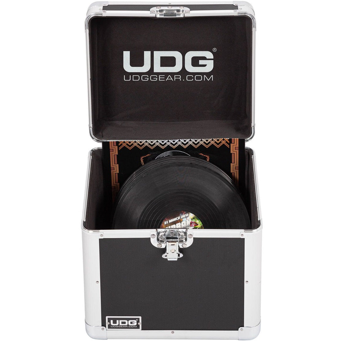 UDG Ultimate Record Case 80 Vinyl Silver for DJs, durable protective case with sturdy handle and secure latches for record storage.