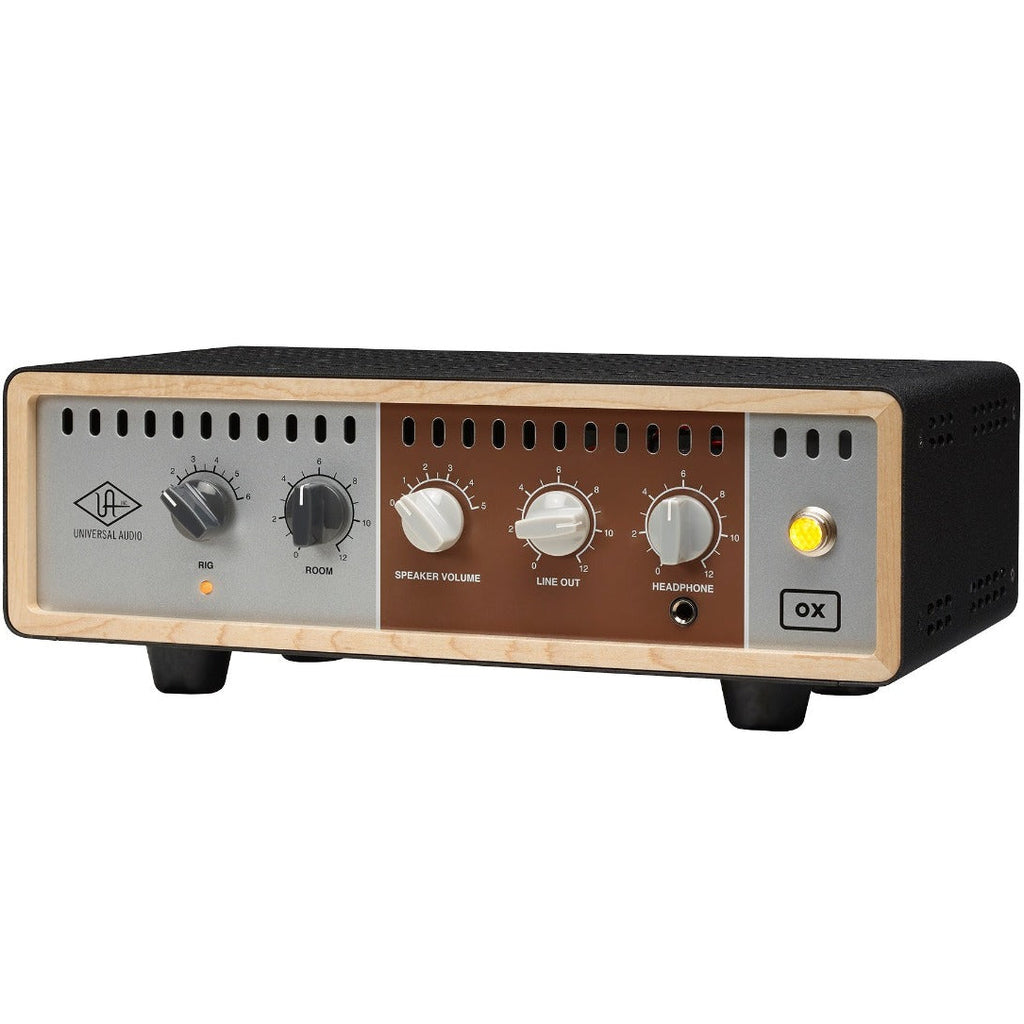 Universal Audio OX Amp Top Box for guitar amps, featuring multiple speaker cabinet simulations and control knobs.