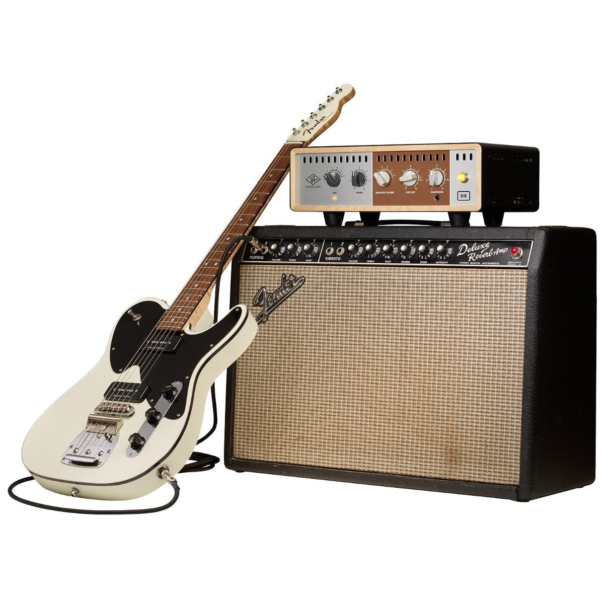 Universal Audio OX Amp Top Box with control panel and connection ports for guitar amp modeling and cabinet simulation.