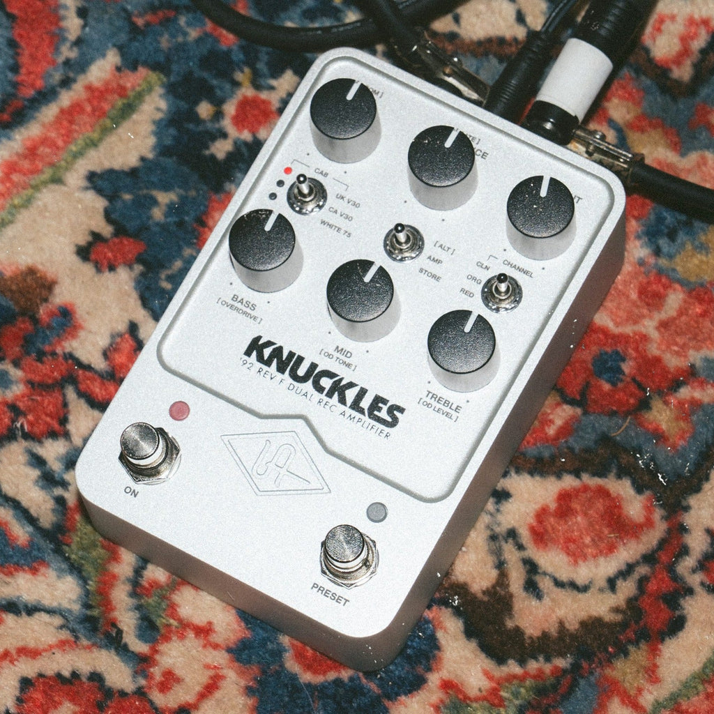 Universal Audio UAFX Knuckles '92 Dual Rec guitar amplifier effects pedal with chrome finish and control knobs visible.
