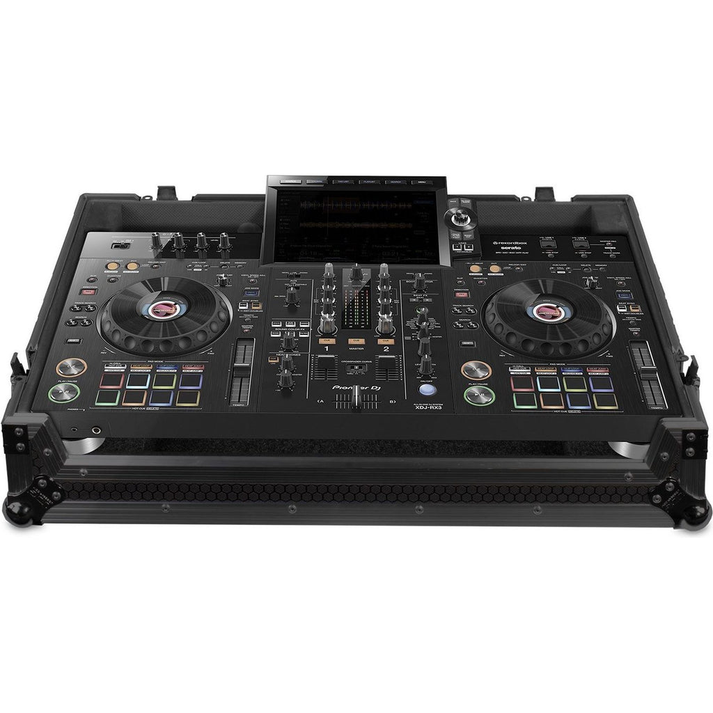 UDG Ultimate Flight Case for Pioneer XDJ-RX3 DJ controller in black with wheels, durable protective case for travel and performance.
