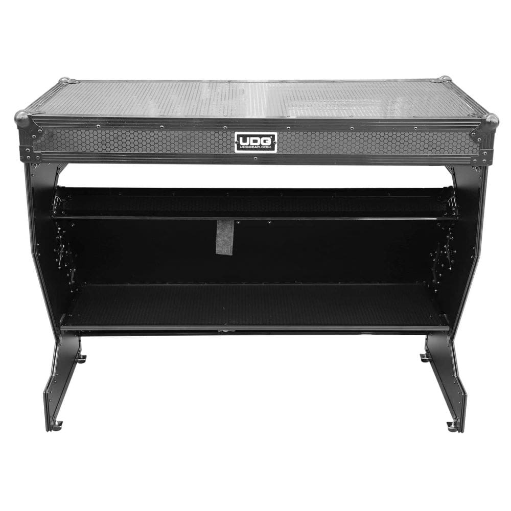 UDG Ultimate Flight Case Portable Z-Style DJ Table Black Plus (Wheels) DJ table flight case, angled view