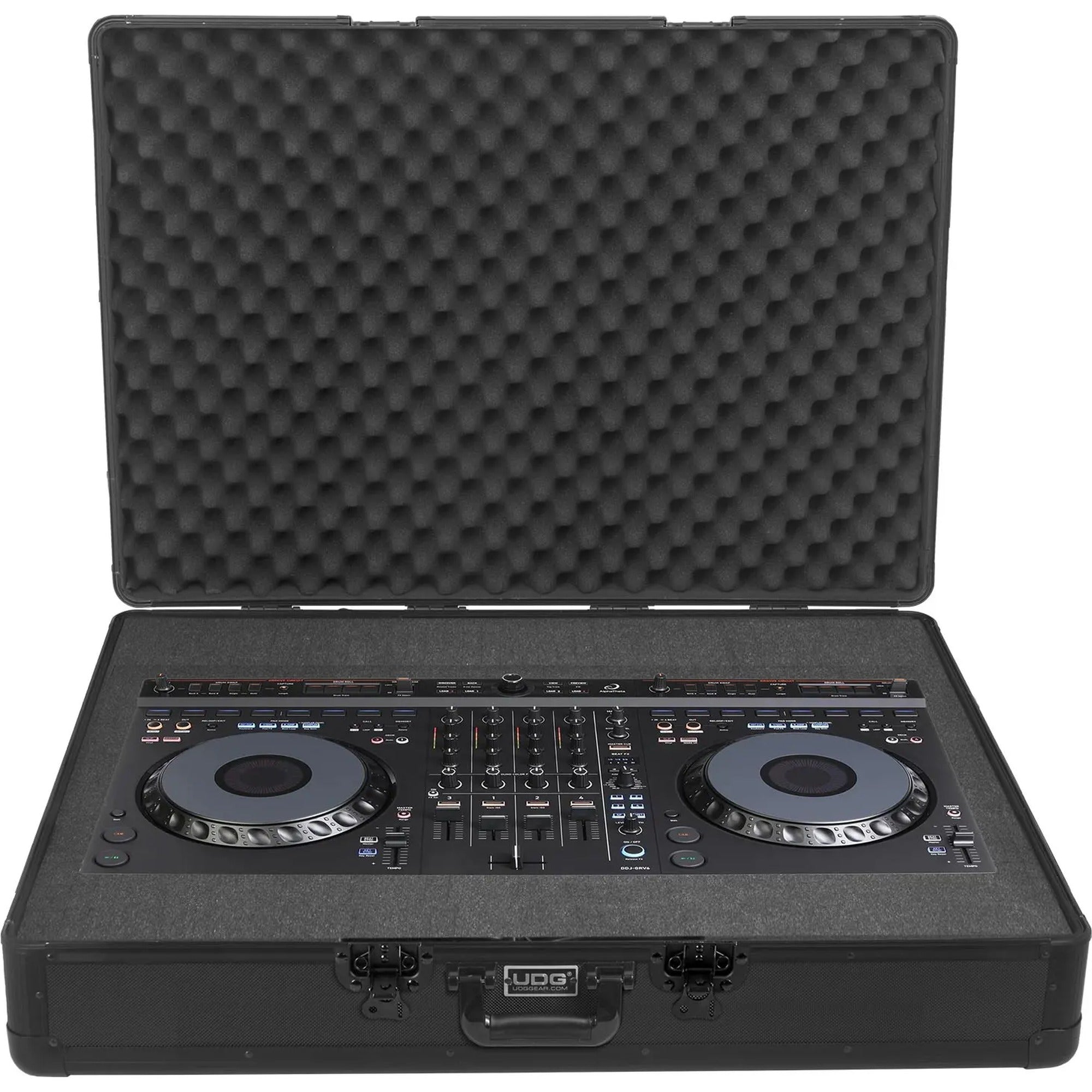 UDG Ultimate Pick foam flight case for AlphaTheta DDJ-GRV6 DJ controller, black, durable protective case with foam interior.