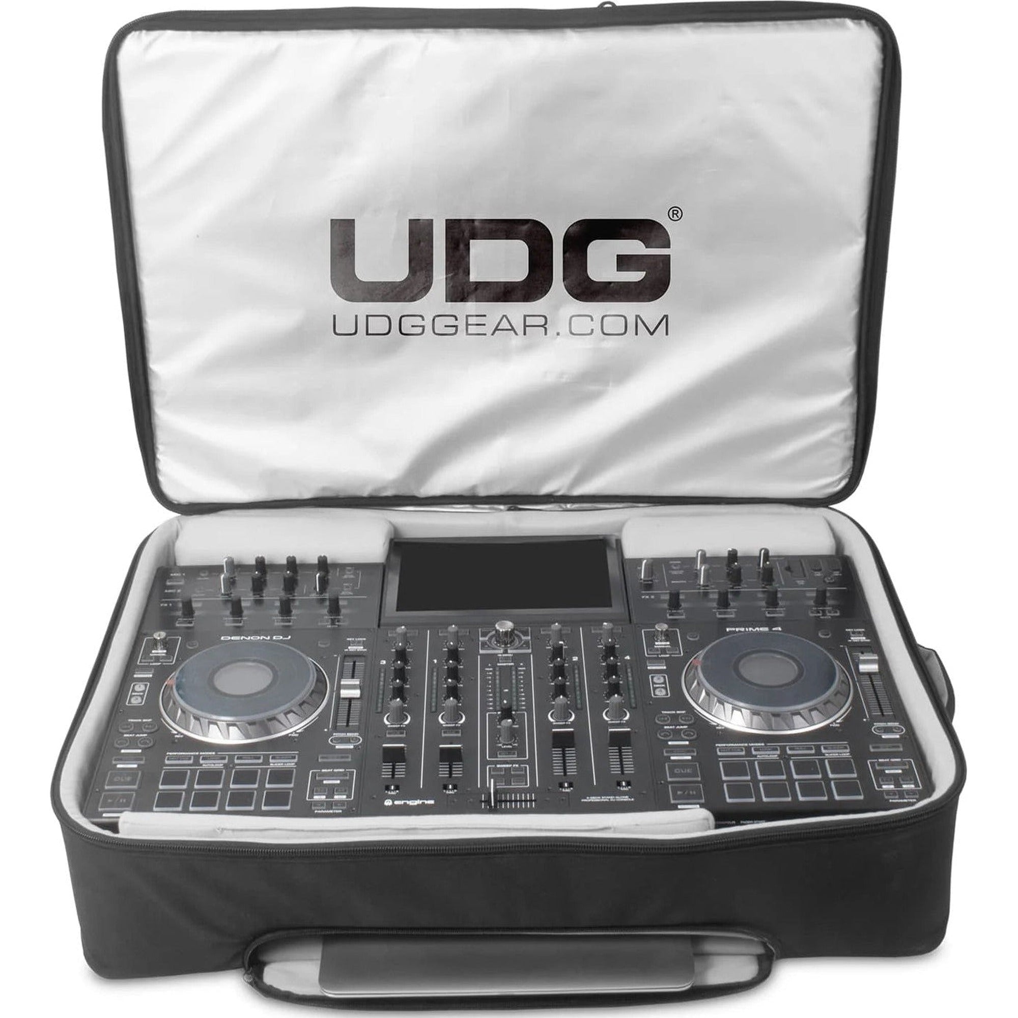 Large black UDG Urbanite MIDI Controller Backpack designed for DJs, with multiple compartments and padded straps for easy transport.
