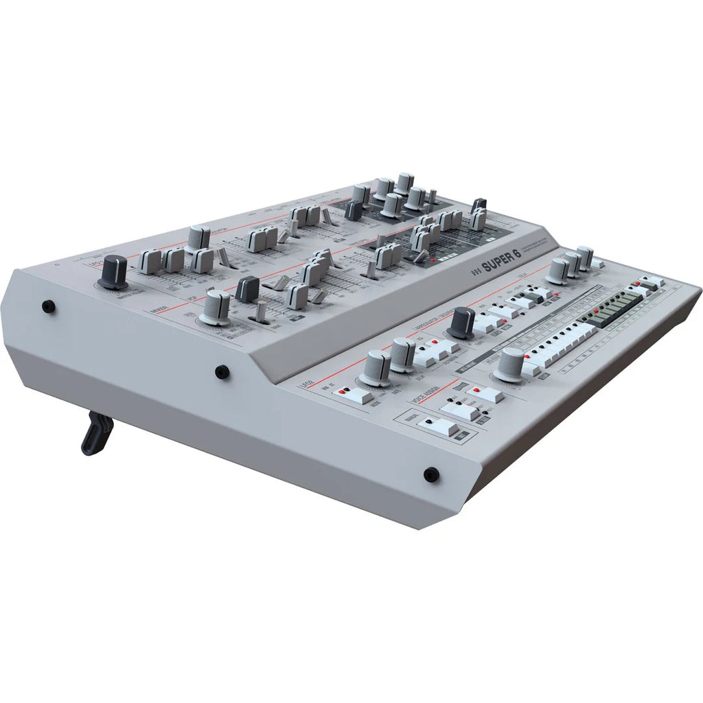 UDU Audio Super 6 Desktop synthesizer showing the front and left top view with control knobs and display.