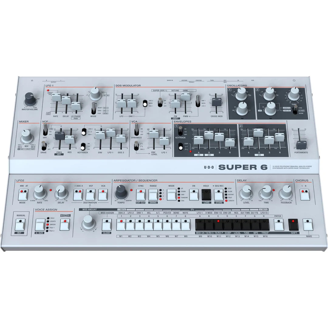 UDO Audio Super 6 Desktop synthesizer front view showing its control panel, knobs, and keyboard layout.